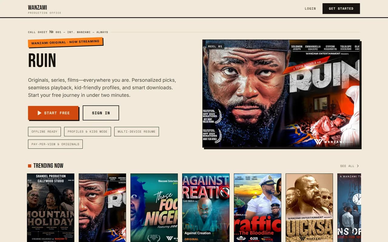 The Wanzami streaming platform home page showing its featured original and trending titles